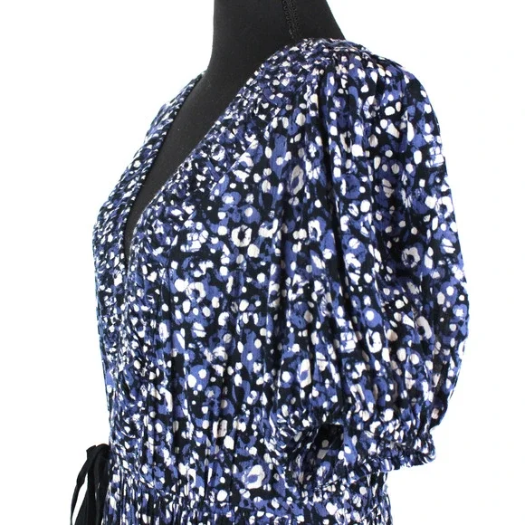 Ulla Johnson Kemala Dress Indigo Blue Wrap Tie Front Puff Sleeve Swing Midi 12 - Picture 4 of 8